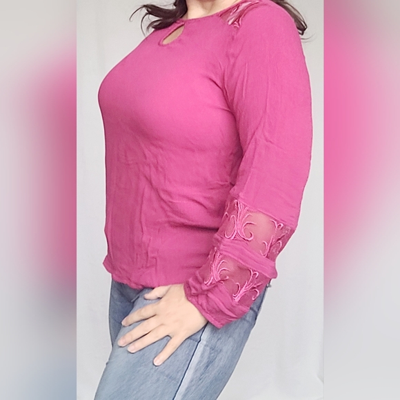 Lee Women's 100% Rayon Mesh Embriodered Boho Blouse Barbie Pink 1X - Picture 12 of 16